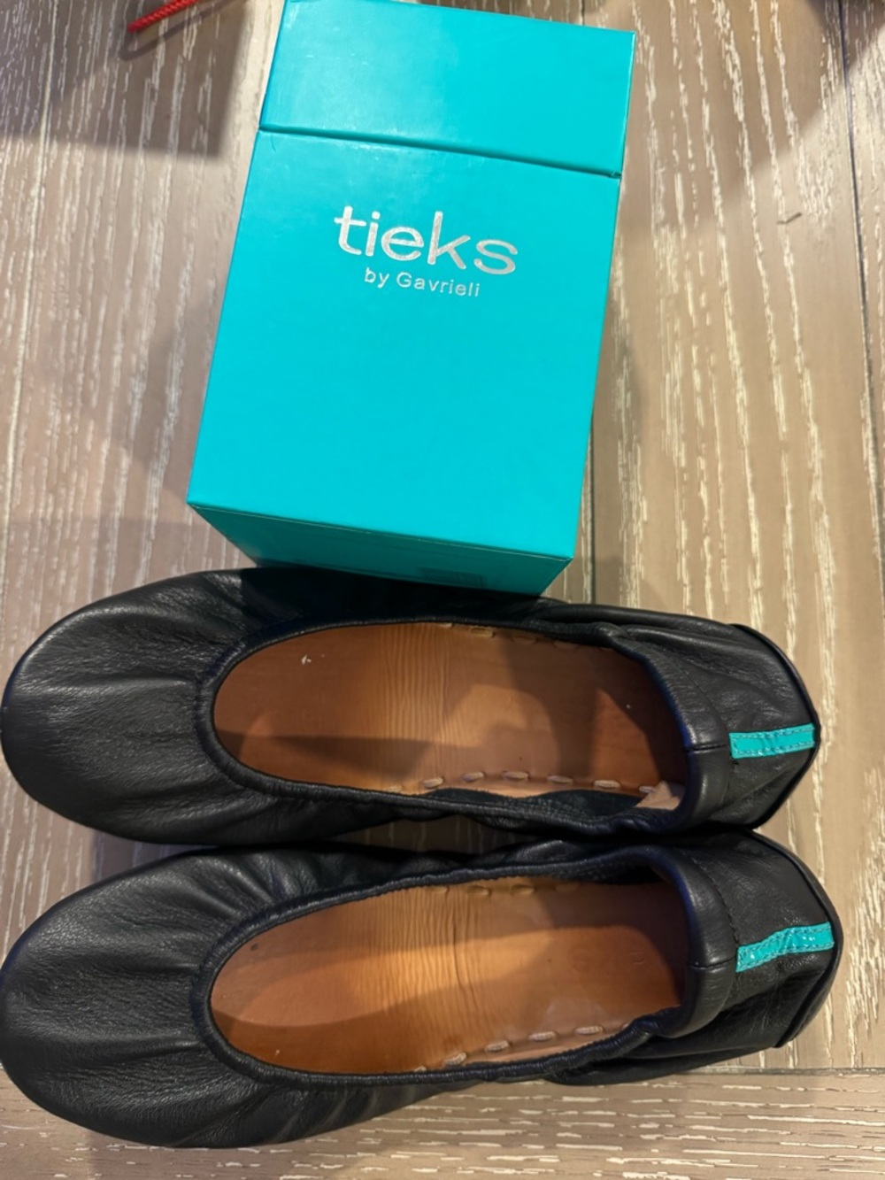 Tieks Matte Black Leather Ballet Flats with Teal Pull Tab